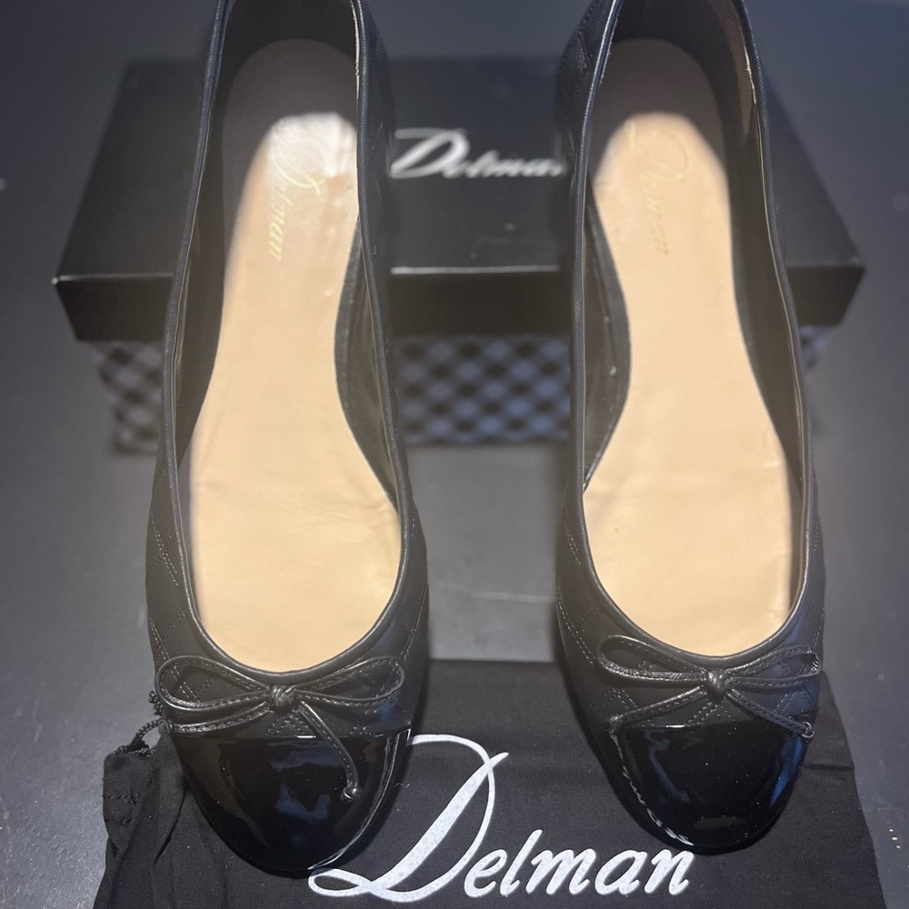 Delman Willa quilted ballerina black leather cap toe flats with bow